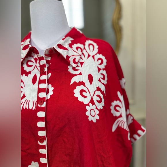 Umgee Red White Folk Print Button Front Boxy Top Cottagecore Boho Size Large - Picture 2 of 12